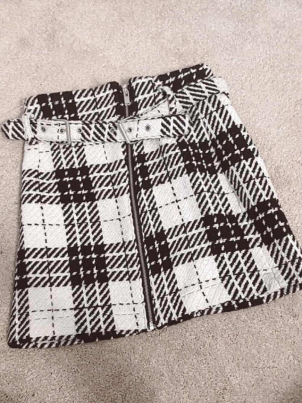 Zara • plaid tweed black and white zip up belted mini skirt - Picture 4 of 8